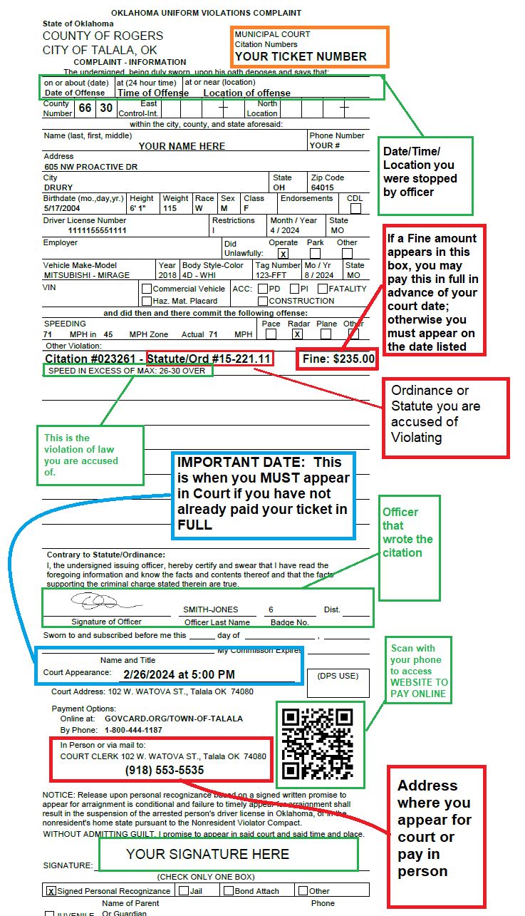 Full sample Town of Talala citation showing key fields for payment and court date