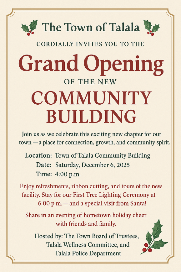 Flyer for the Community Center grand opening on Saturday, December 6, 2025, 4 to 6 p.m.