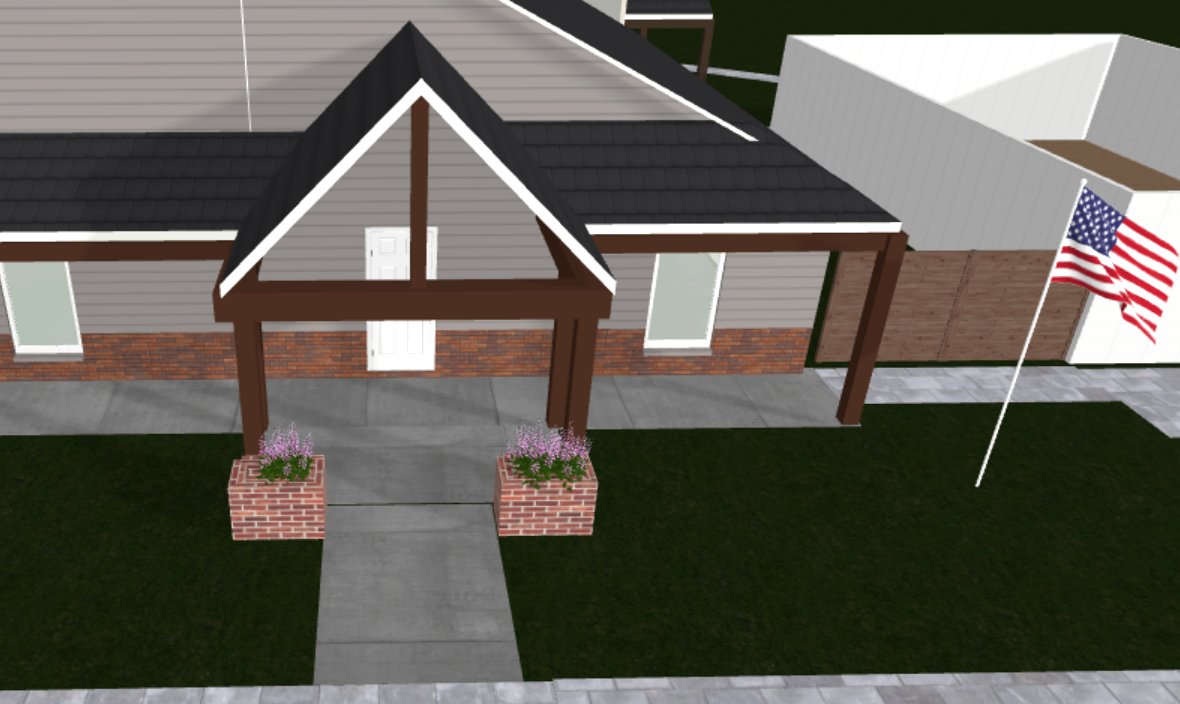 3D rendering of the proposed new Town Hall entry with timber portico, brick planters, and American flag